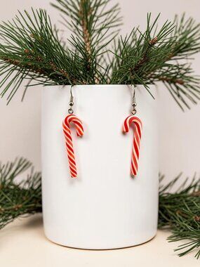 Peppermint Candy Cane Earrings | Red White Holiday Dangle | Surgical Steel